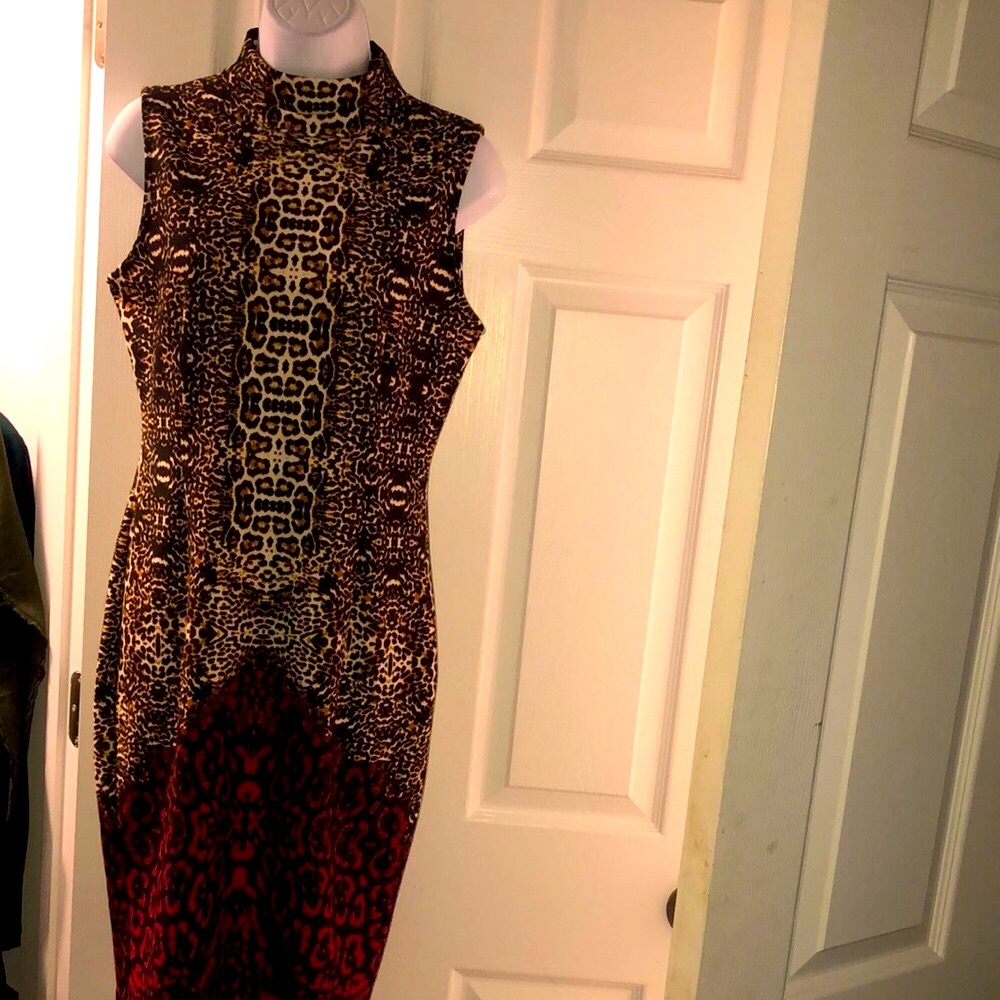 Venus Black and Gold Sheath Midi Dress with Mock Neck